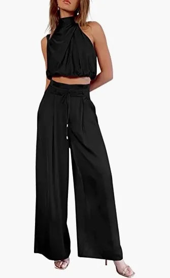 Women's 2-Piece Silk Set – Sleeveless Top & Wide Leg Pants, Summer
