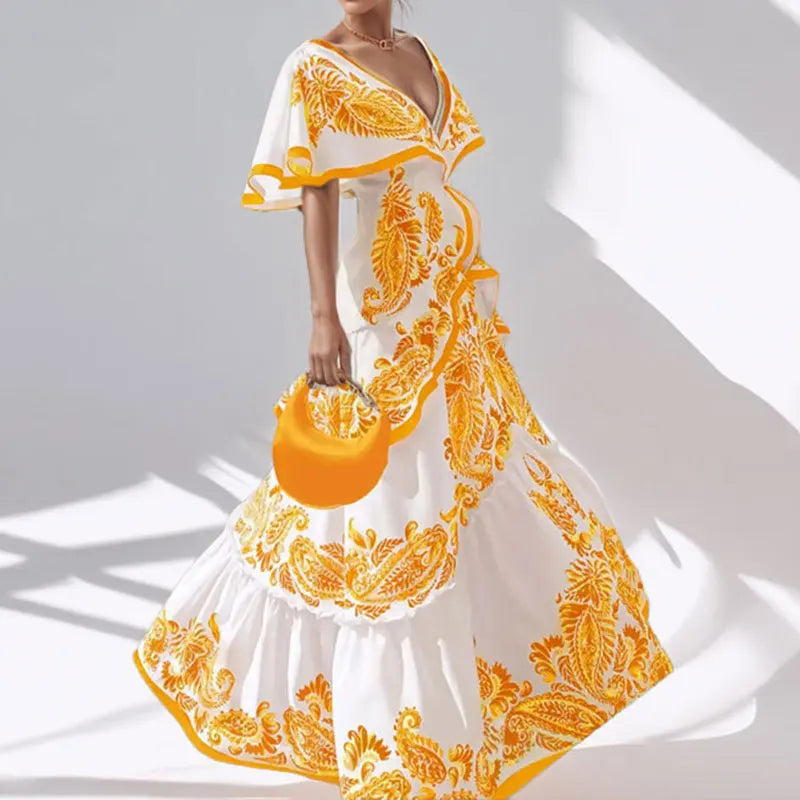 Women’s Casual Pleated Long Dress – V-Neck, Ruffle Bohemian Print Party Dress