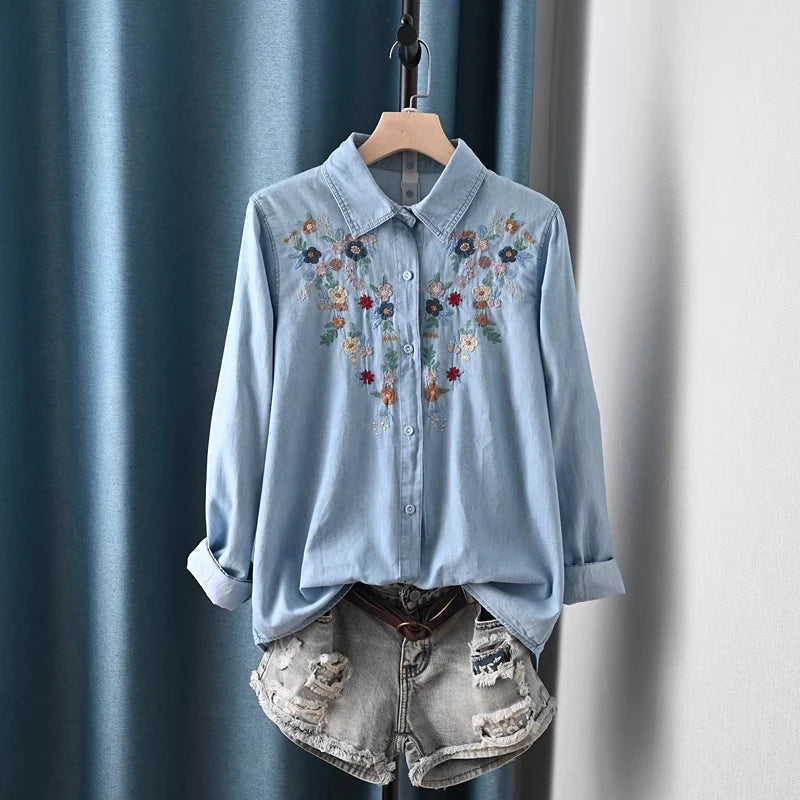 Harajuku Y2K Denim Shirt, Women's Spring Top, Floral Embroidery, Long Sleeve.