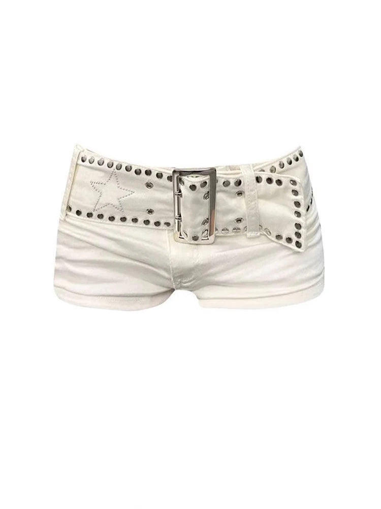 White denim shorts with low waist, Y2K style, and vintage aesthetic. Perfect for summer.