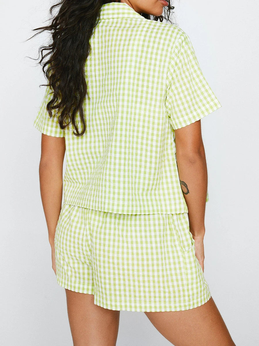 New gingham pajama set, short sleeve lapel top & plaid shorts, women’s sleepwear.