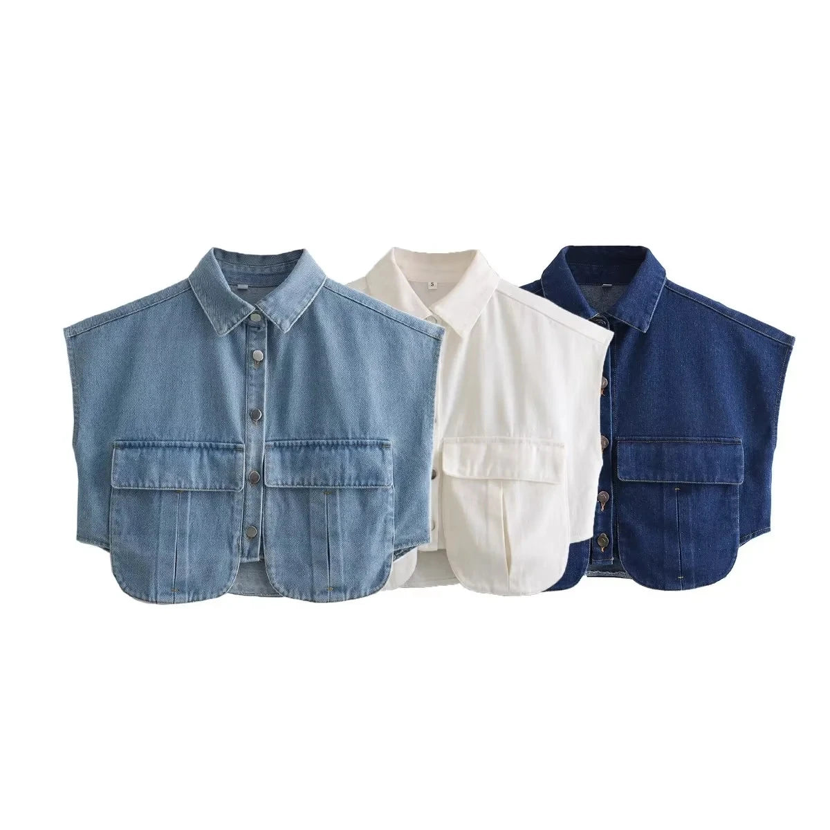 XNWMNZ 2024 Women's Cropped Denim Shirt, Sleeveless, Button-up.