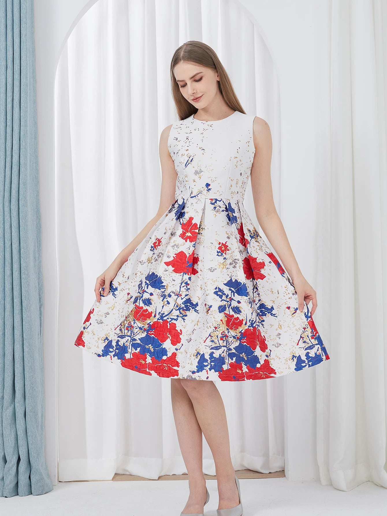 DEVCHATA Women’s Elegant Flower Jacquard Summer Ball Gown Party Dress