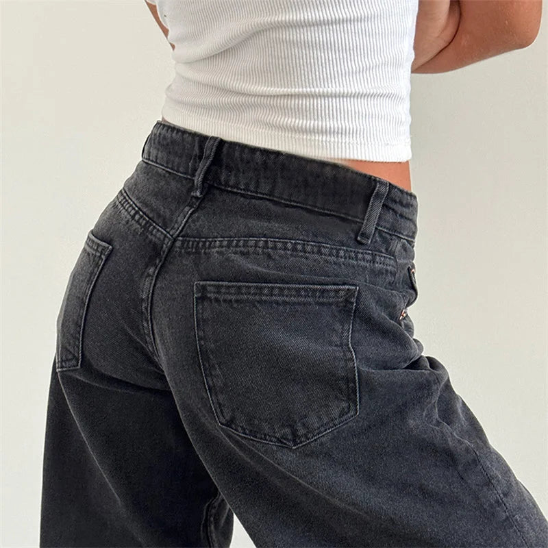 Lamuusaa Y2K Jeans for Women – Low-Waist, Wide-Leg Denim with Multi Pockets.