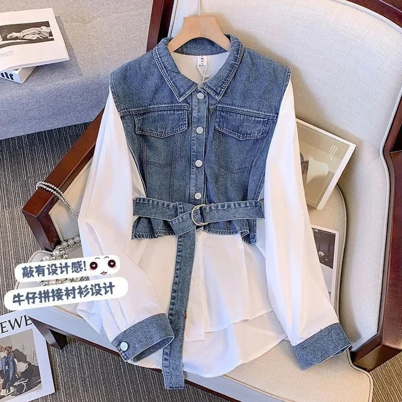 Women’s Denim Shirt, Long Sleeve, Splicing Fake Two-Piece Loose Blouse.