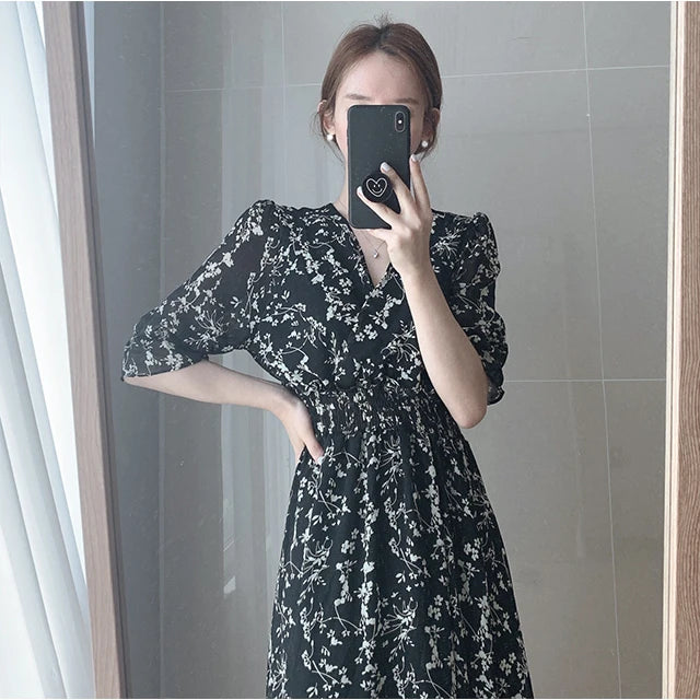 Vintage Korean Summer A-Line Dress – Slim Fit, V-Neck Floral Chiffon, Office Chic