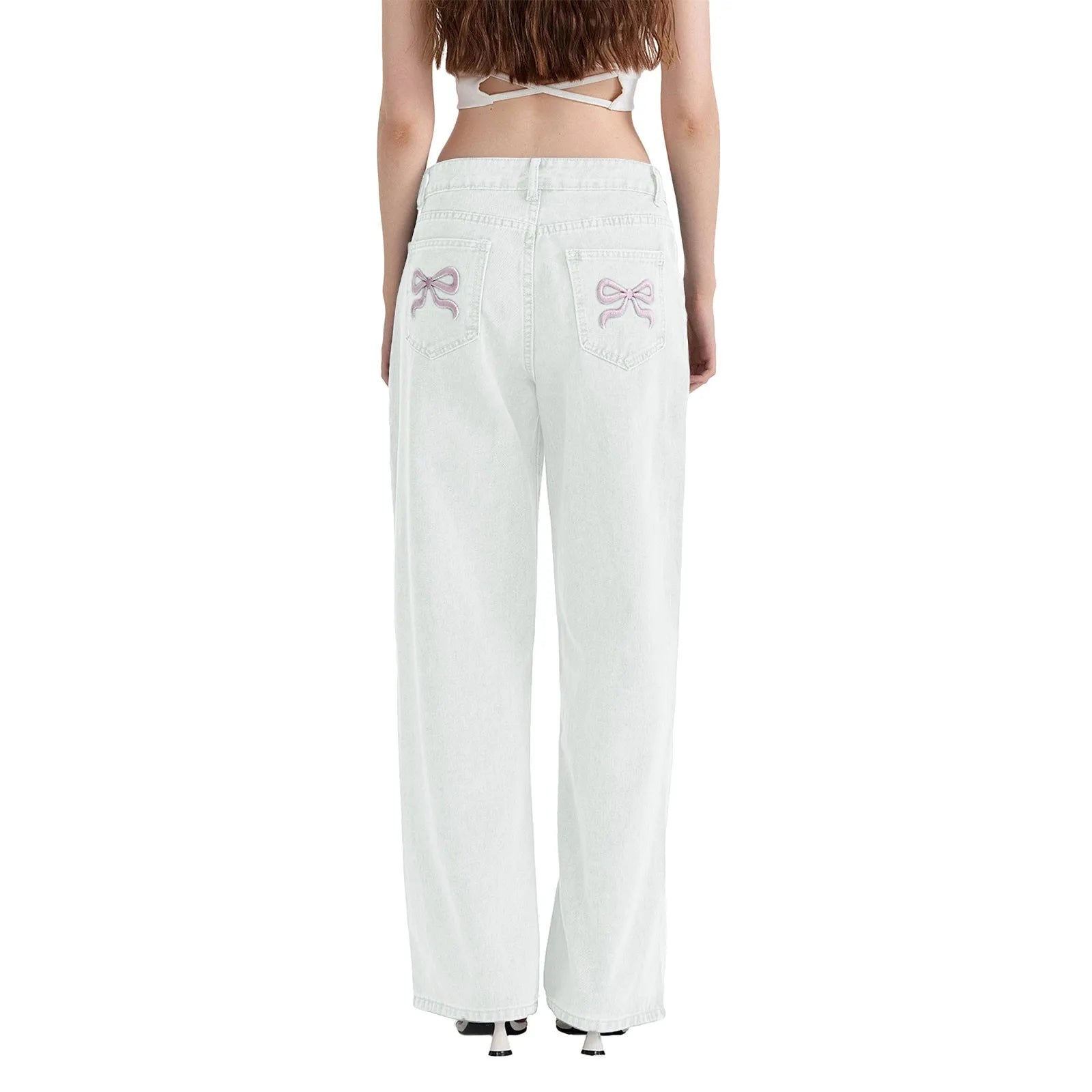 Tie-Bow Embroidery Jeans for Women – High-Waist, Baggy, Vintage Y2K Wide-Leg Denim.