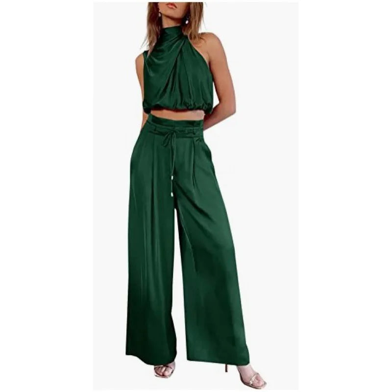 Women's 2-Piece Silk Set – Sleeveless Top & Wide Leg Pants, Summer