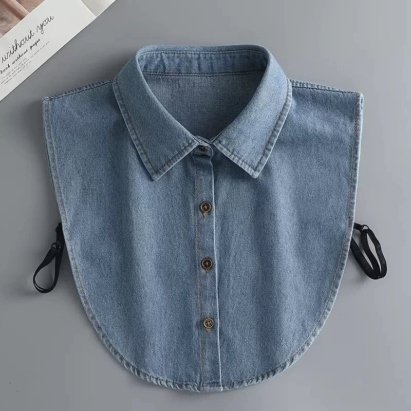 Fashion Denim Ruffle Fake Collar Shirt for Women, Detachable Lapel, Tie Half Blouse.