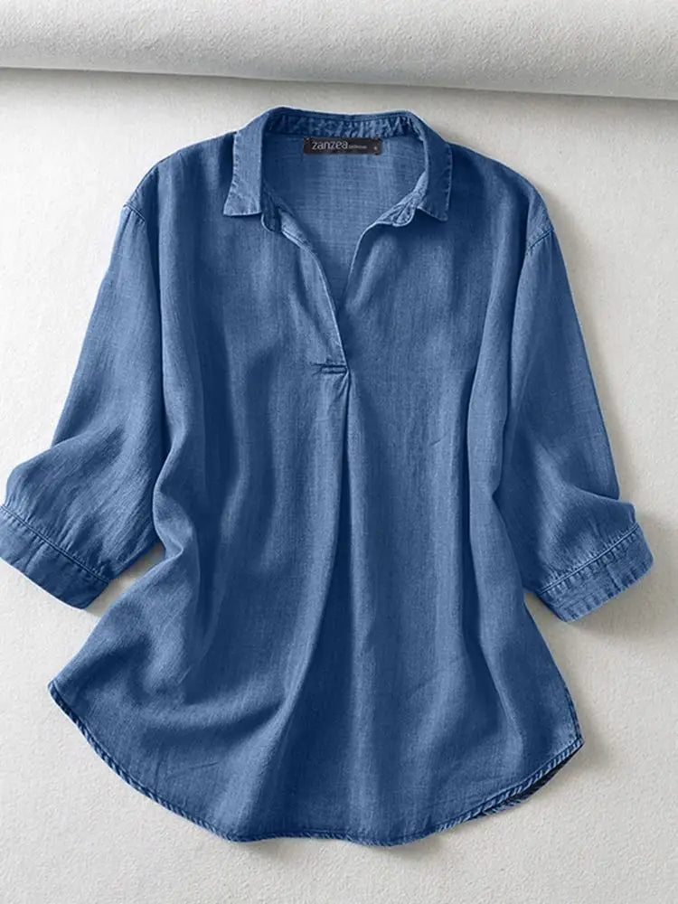 ZANZEA Women's Denim Blouse – Casual 3/4 Sleeve Tunic for Work