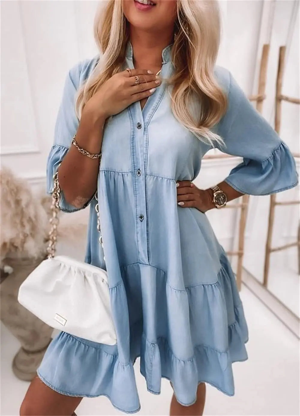 Cotton Denim Dress, Women’s A-line, Mid Sleeves, Stand Collar, Ruffle Above Knee.