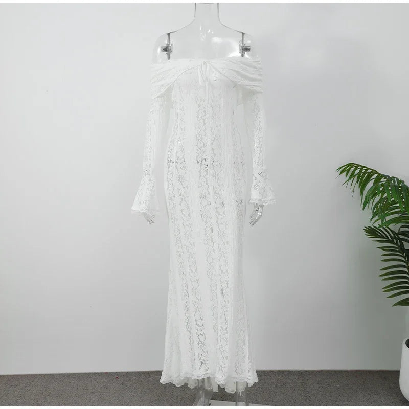 Sexy Hollow-Out Slash Neck Lace Dress – Flared Sleeves, Slim Fit Evening Party Dress
