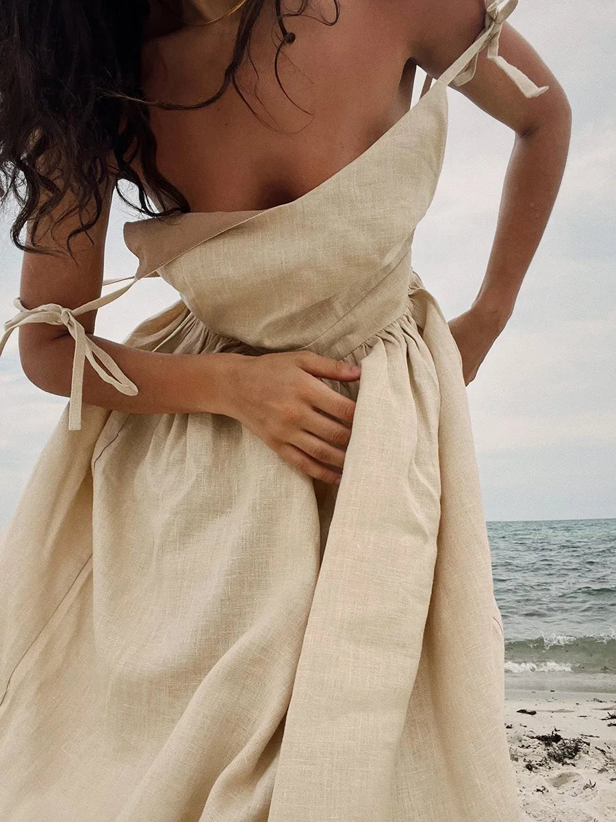 Backless Pleated Halter Dress – Summer Casual Beach Vacation