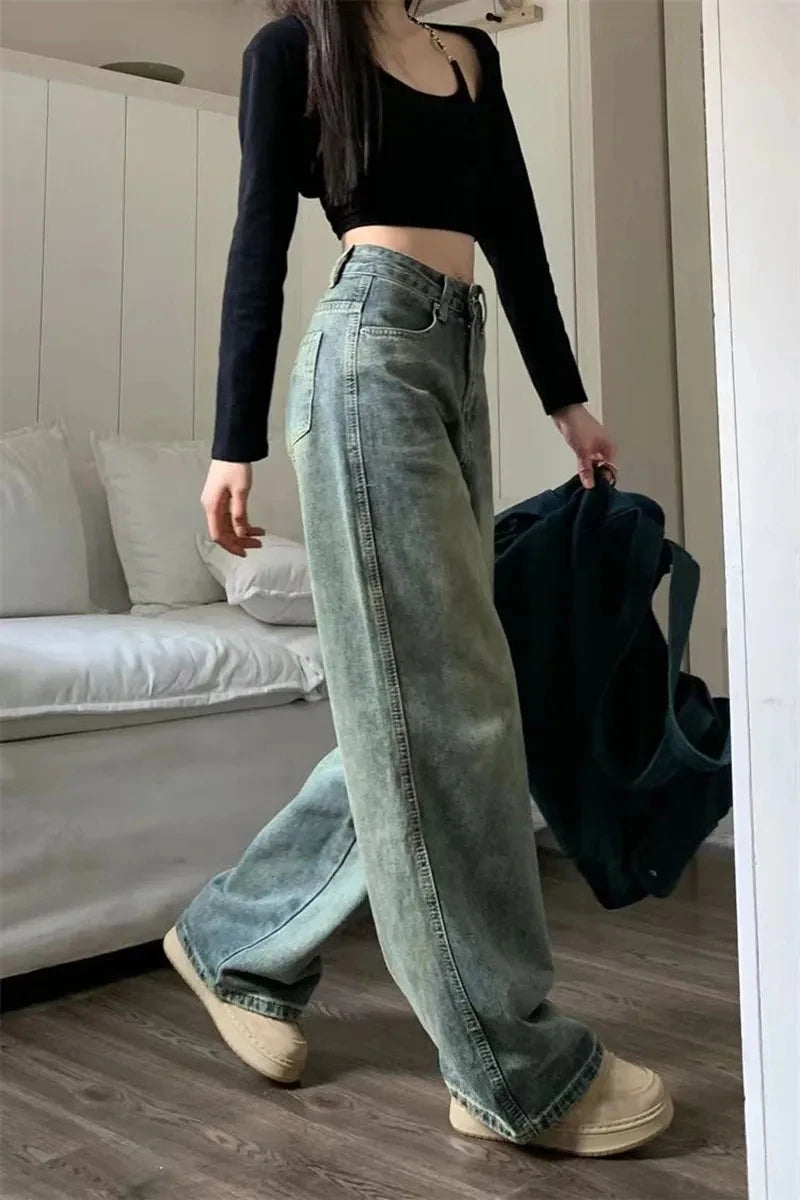 Y2K Baggy Wide-Leg Jeans for Women – High-Waist, Vintage 90s Streetwear Denim.