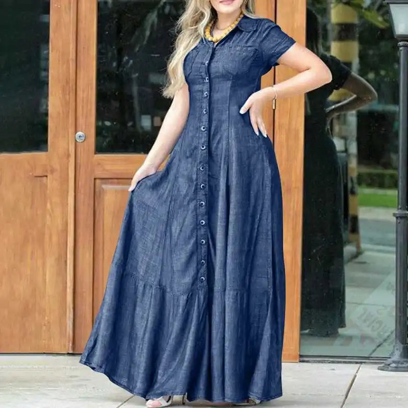Women’s Lapel Pocket Denim Dress, Short Sleeve, Loose Single-Breasted Shirt Dress.