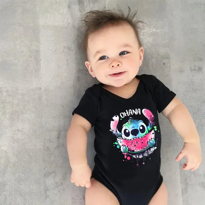 Kawaii Ohana Stitch Print Baby Romper: 100% Cotton Short Sleeve Bodysuit (0-24M)