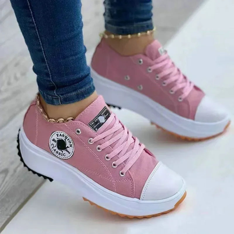 Women’s Pattern Canvas Sneakers – Casual Lace-Up Flat Shoes
