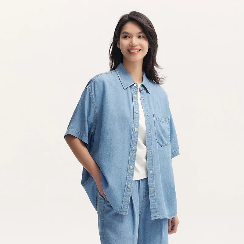 SemirSummer Denim Shirt, Women's Loose-Fit, Short-Sleeved.