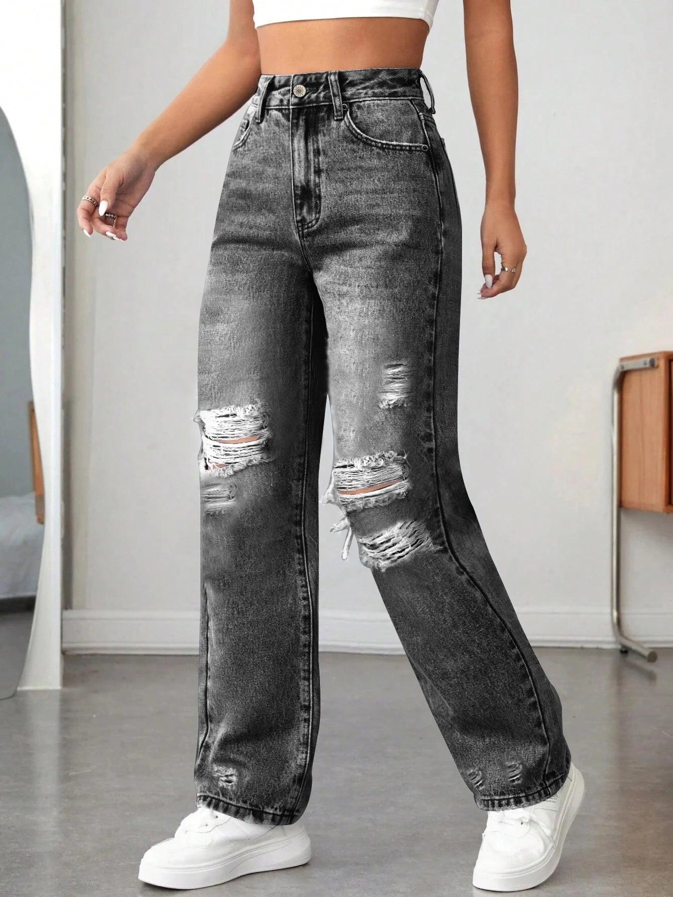 Women’s Ripped Wide-Leg Denim Pants – Loose, Comfortable, All-Match.