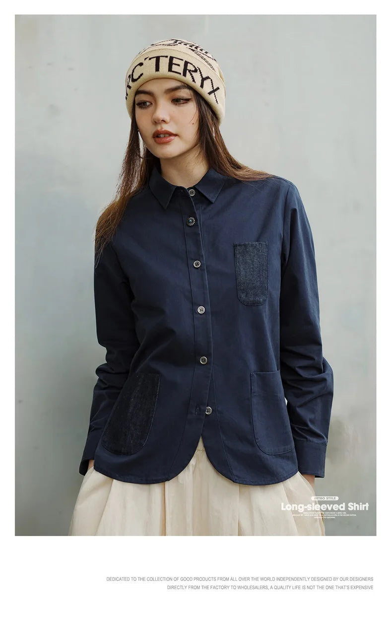 Maden Denim Patchwork Shirt, Women's Long Sleeve Casual Jacket, Navy Blue.