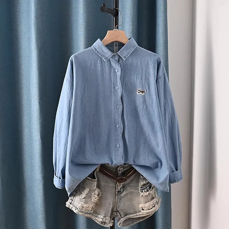 Harajuku Y2K Denim Shirt, Women's Spring Top, Floral Embroidery, Long Sleeve.