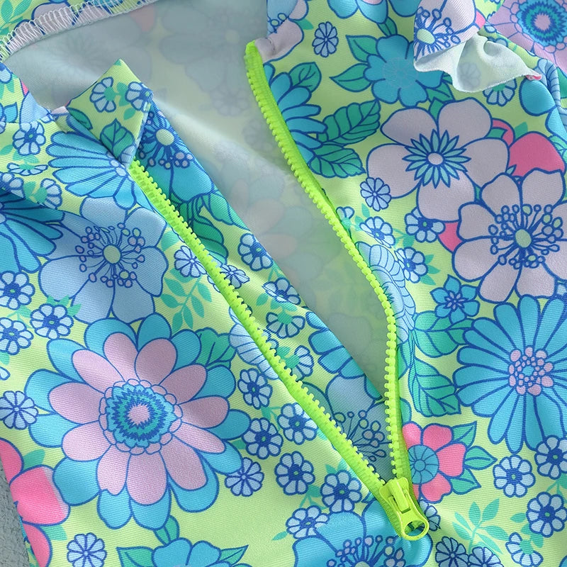 Infant Girls Rash Guard Swimsuit: Floral Print Zipper Romper for Sun Protection