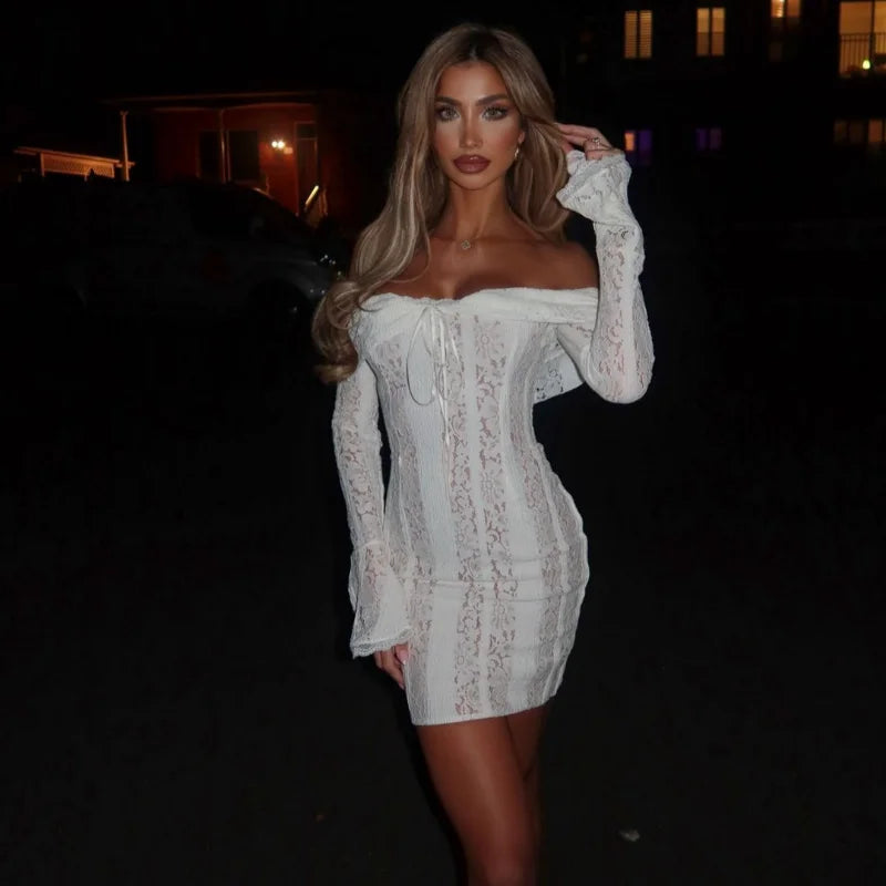 Sexy Hollow-Out Slash Neck Lace Dress – Flared Sleeves, Slim Fit Evening Party Dress