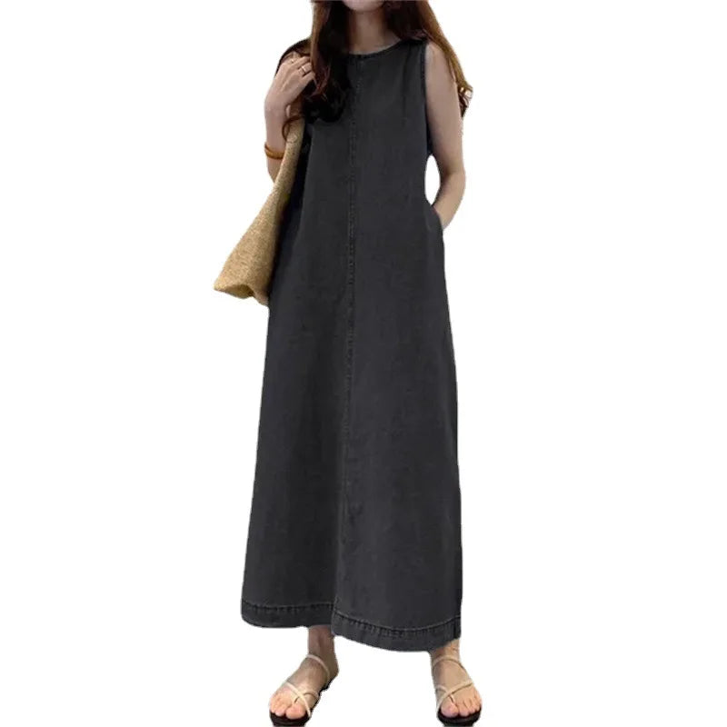 Women’s Sleeveless Denim Long Dress – Round Neck, Pocketed, Loose Fit