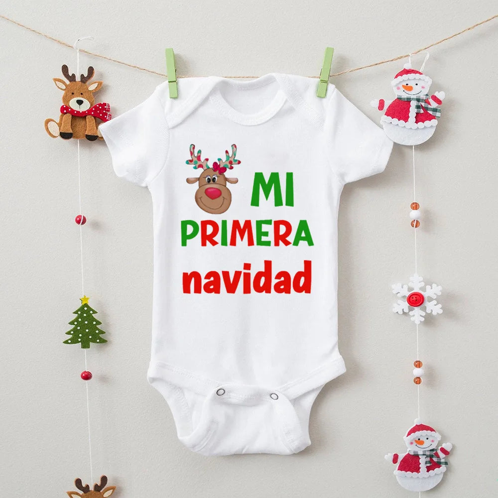 My First Christmas" Spanish Bodysuit: Newborn Short Sleeve Romper for Xmas Party