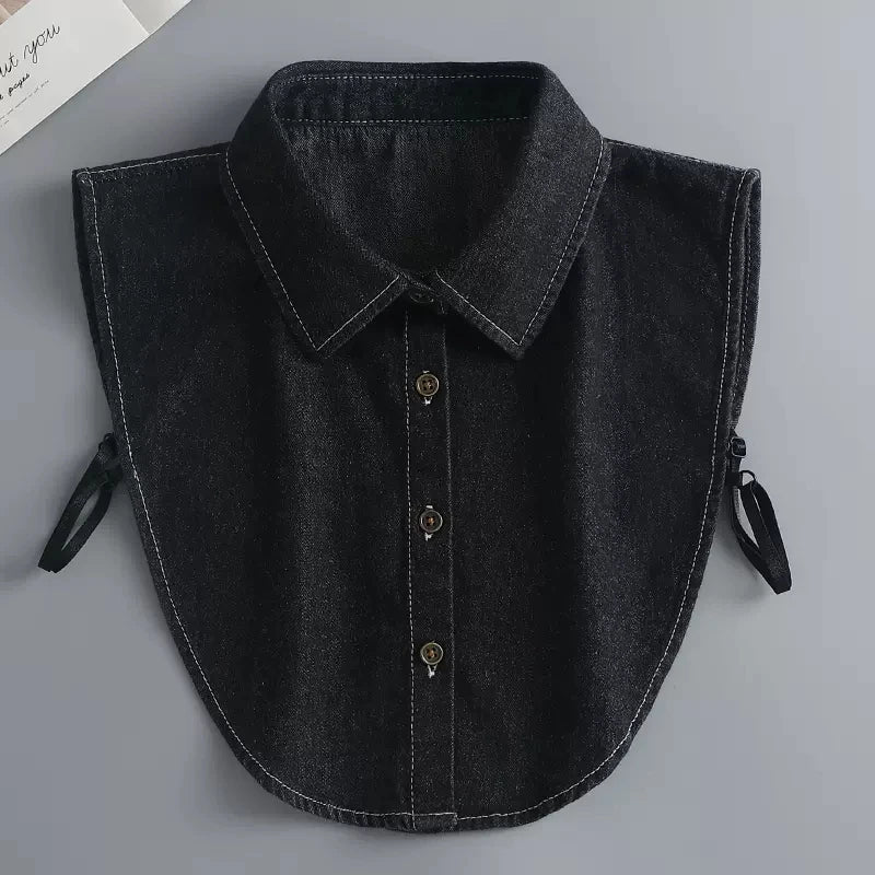 Fashion Denim Ruffle Fake Collar Shirt for Women, Detachable Lapel, Tie Half Blouse.