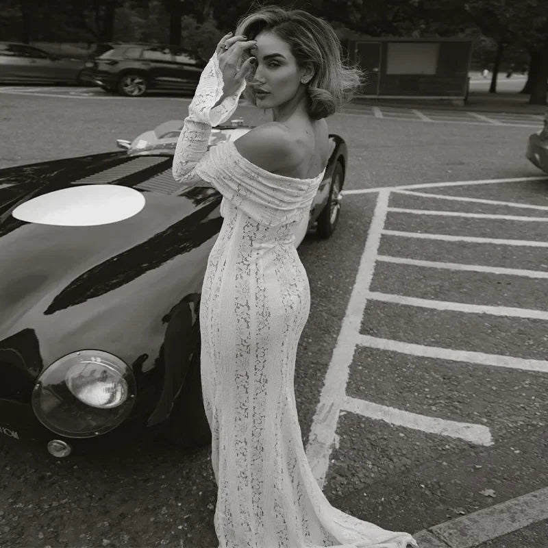 Sexy Hollow-Out Slash Neck Lace Dress – Flared Sleeves, Slim Fit Evening Party Dress
