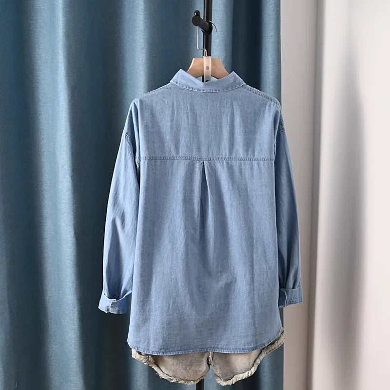 Harajuku Y2K Denim Shirt, Women's Spring Top, Floral Embroidery, Long Sleeve.