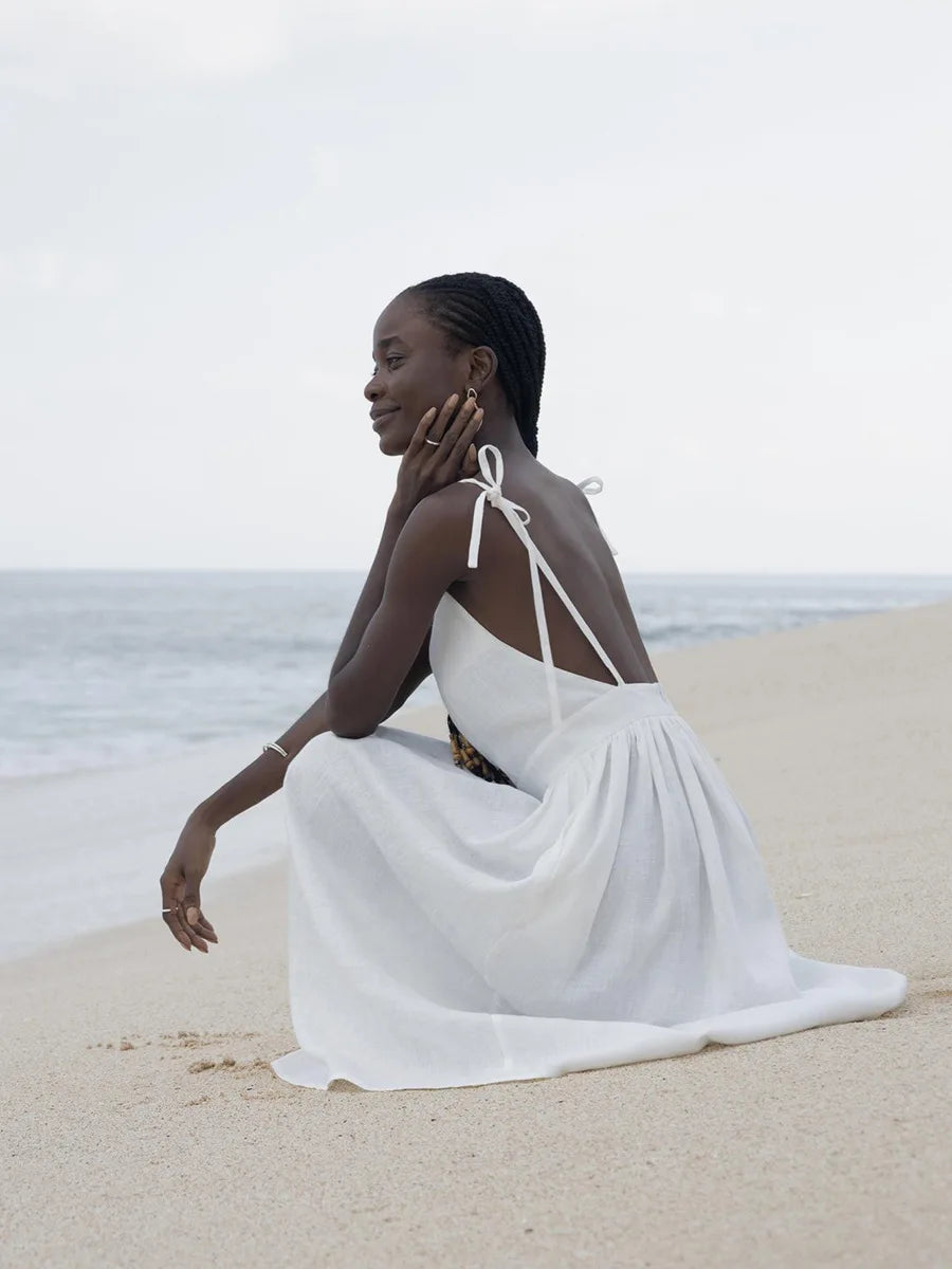 Backless Pleated Halter Dress – Summer Casual Beach Vacation