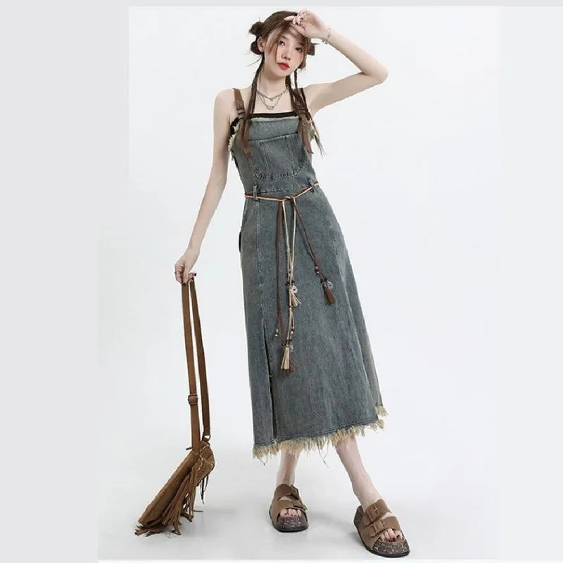Spring Vintage Denim Skirt Set, Knit Shirt + Split Dress.