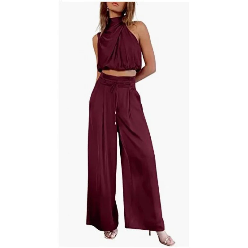 Women's 2-Piece Silk Set – Sleeveless Top & Wide Leg Pants, Summer