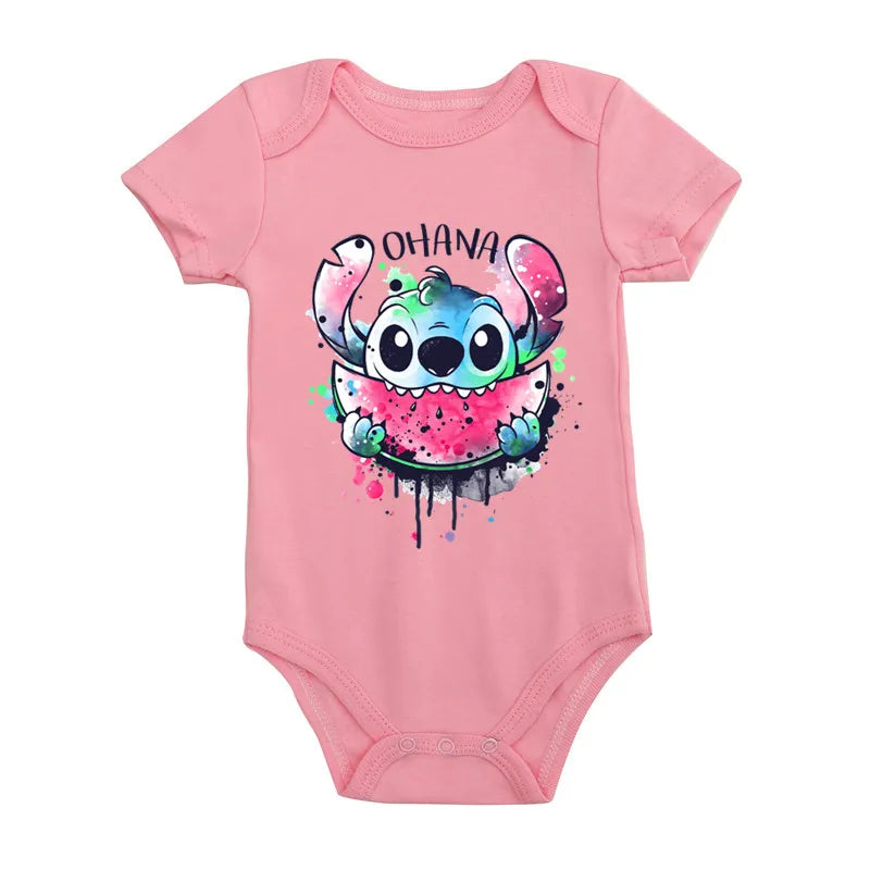 Kawaii Ohana Stitch Print Baby Romper: 100% Cotton Short Sleeve Bodysuit (0-24M)