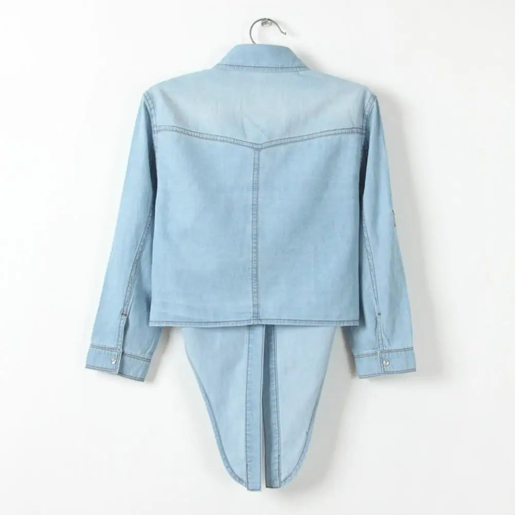 Tie Knot Denim Jacket, Cropped Length, Single-Breasted, Lace-Up Blue Jeans Cardigan.