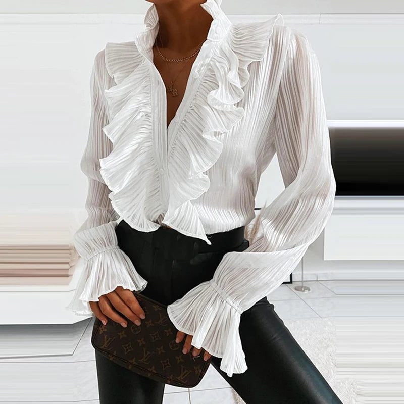 Denim Ruffled Long Sleeve Shirt, V-Neck Pleated Chiffon Blouse, Sexy Spring Office Top.
