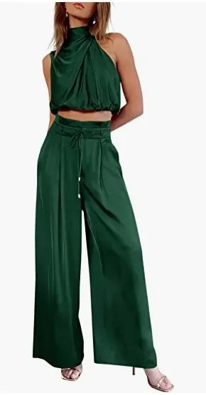Women's 2-Piece Silk Set – Sleeveless Top & Wide Leg Pants, Summer