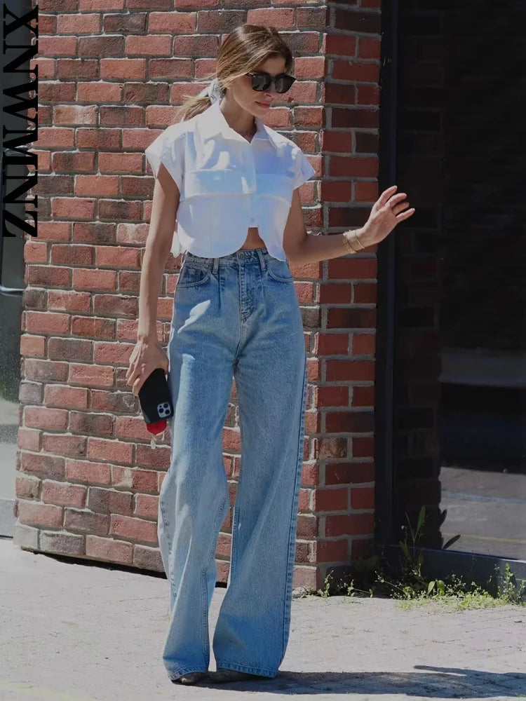 XNWMNZ 2024 Women's Cropped Denim Shirt, Sleeveless, Button-up.