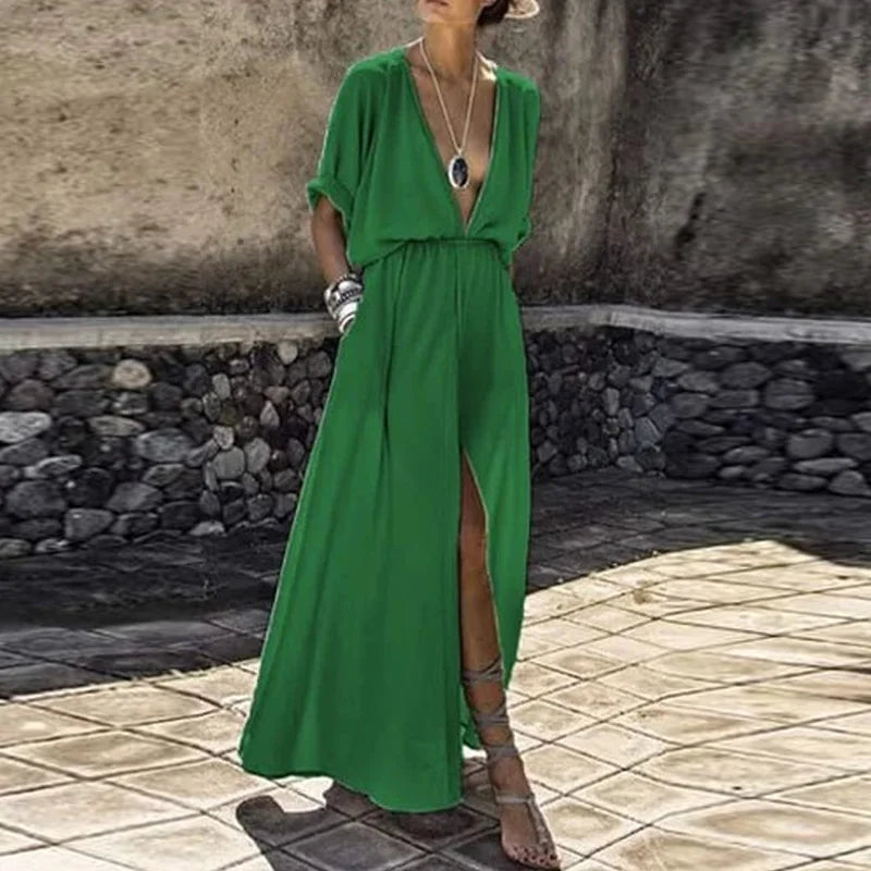Sexy V-Neck High Slit Sundress – Casual Boho Party Maxi Dress