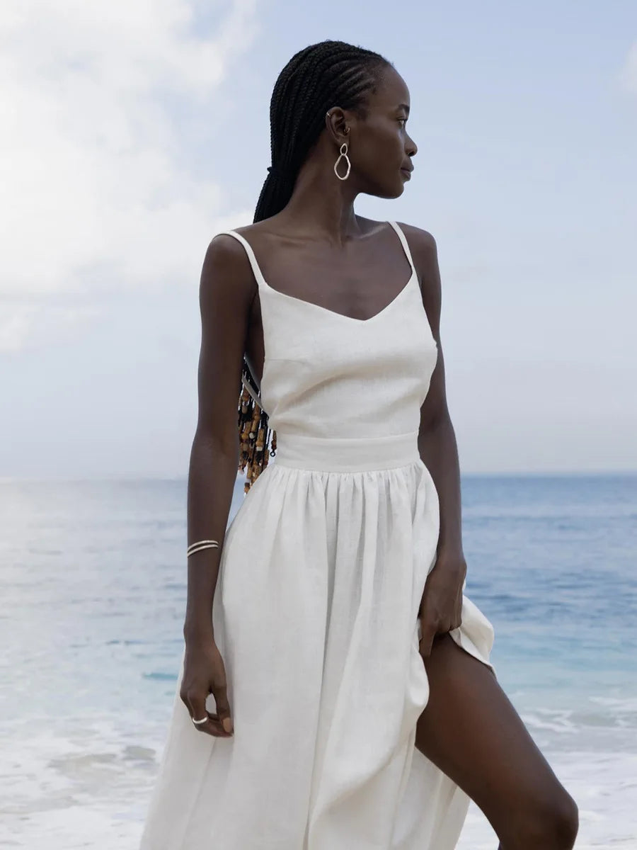 Backless Pleated Halter Dress – Summer Casual Beach Vacation