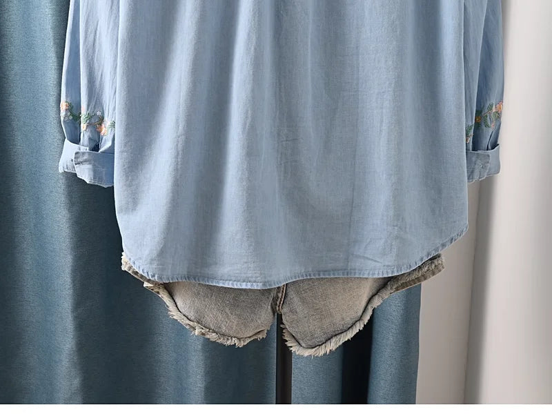 Harajuku Y2K Denim Shirt, Women's Spring Top, Floral Embroidery, Long Sleeve.