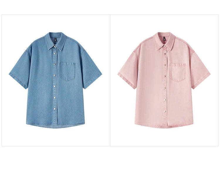 SemirSummer Denim Shirt, Women's Loose-Fit, Short-Sleeved.