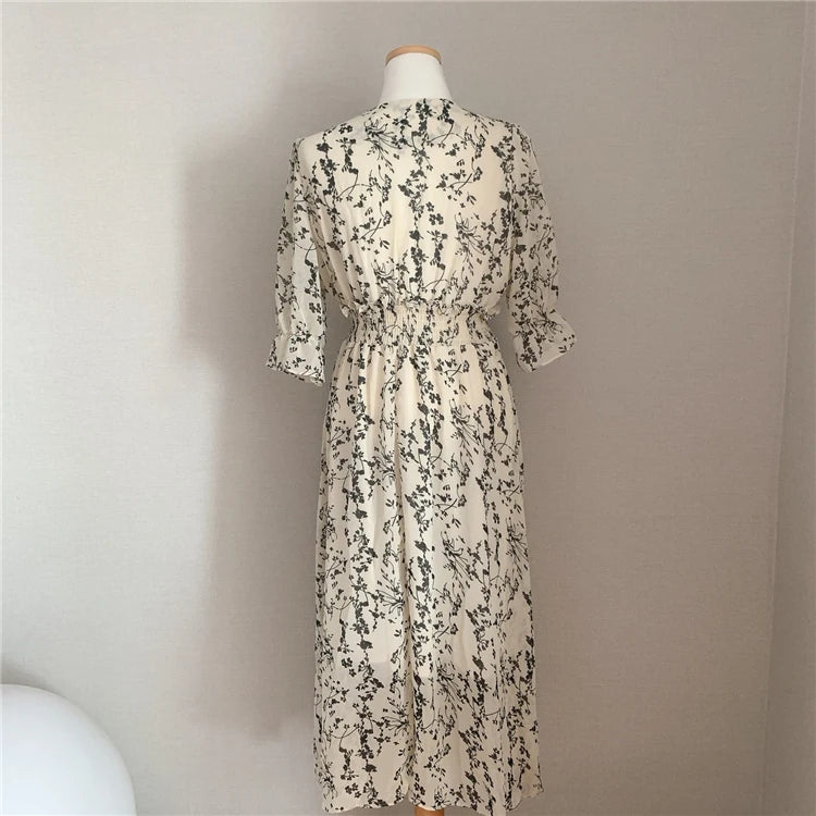 Vintage Korean Summer A-Line Dress – Slim Fit, V-Neck Floral Chiffon, Office Chic