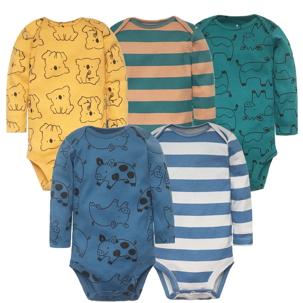 5PCS Baby Bodysuit Set: Long Sleeve Cotton Jumpsuits for Spring & Autumn (Boys & Girls)