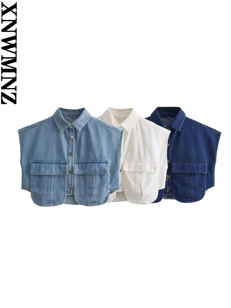 XNWMNZ 2024 Women's Cropped Denim Shirt, Sleeveless, Button-up.