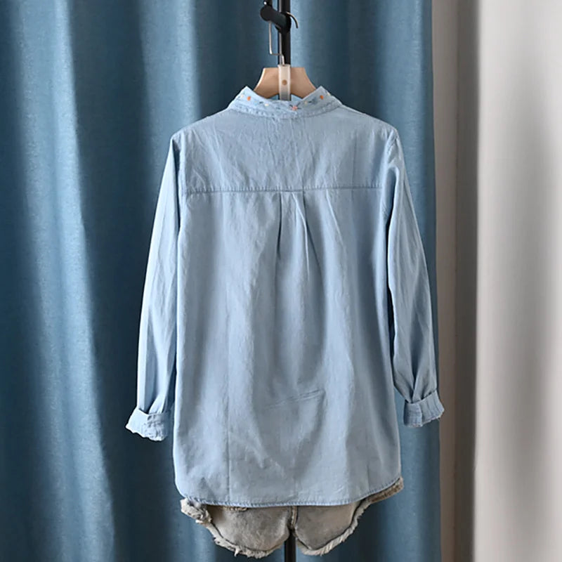 Harajuku Y2K Denim Shirt, Women's Spring Top, Floral Embroidery, Long Sleeve.