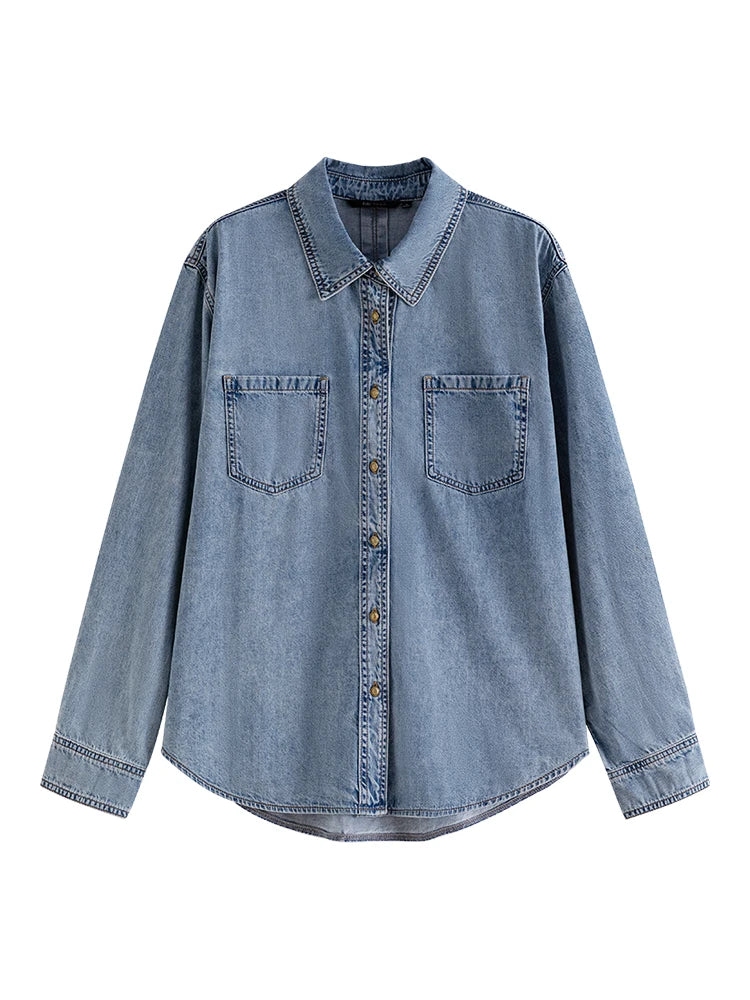 FSLE Deep Blue Denim Shirt, Women's Long Sleeve, Retro Casual Top.
