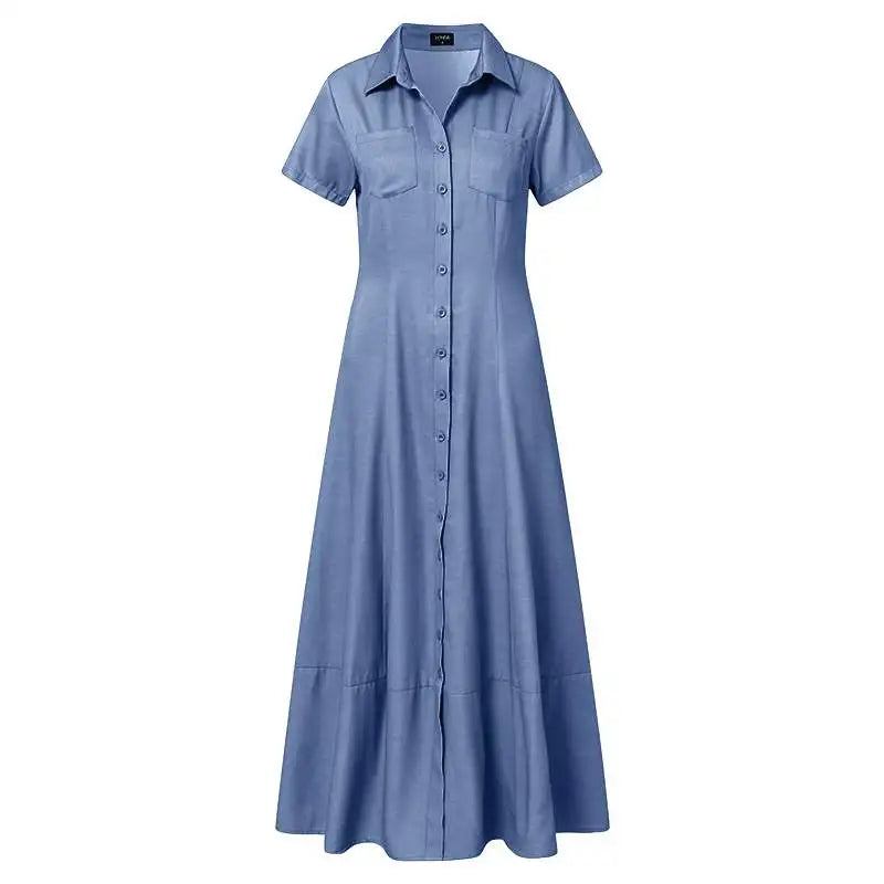 Women’s Lapel Pocket Denim Dress, Short Sleeve, Loose Single-Breasted Shirt Dress.